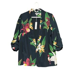 Chico's Floral Ruched 3/4 Sleeve Soft Jacket Black Red‎ Size 10 Blazer Pockets